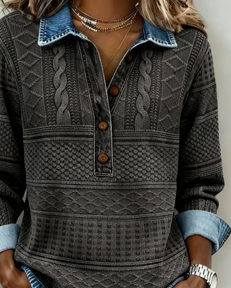 SOFIA – Sweat en Maille Tressée avec Détails en Denim