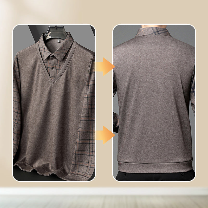T-shirt homme à manches longues avec col à revers effet deux pièces