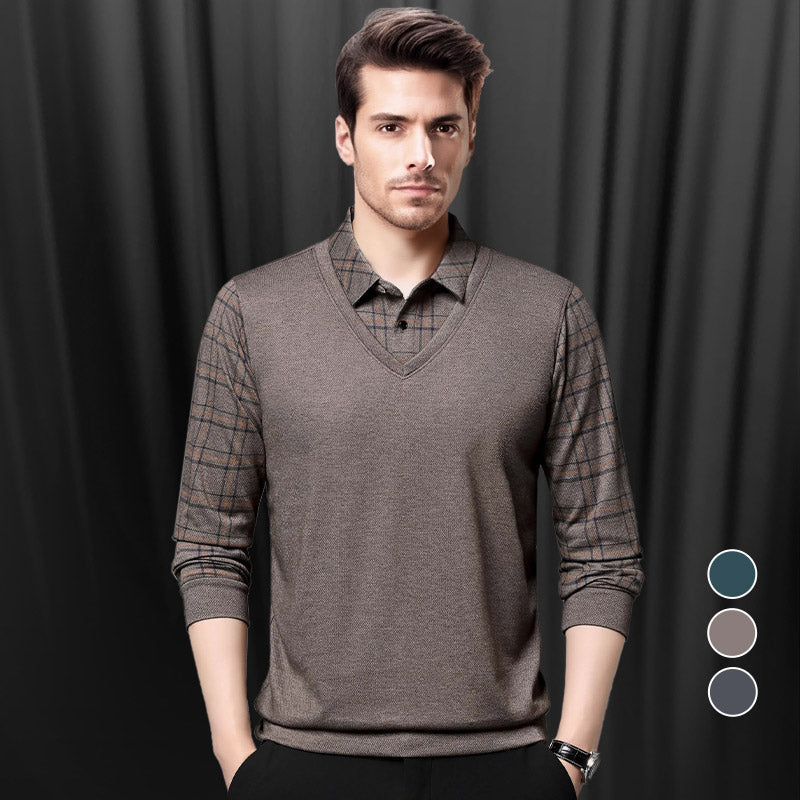 T-shirt homme à manches longues avec col à revers effet deux pièces