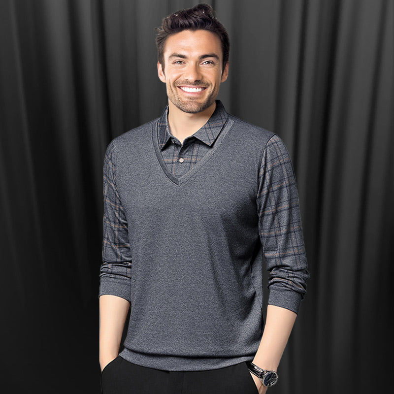T-shirt homme à manches longues avec col à revers effet deux pièces