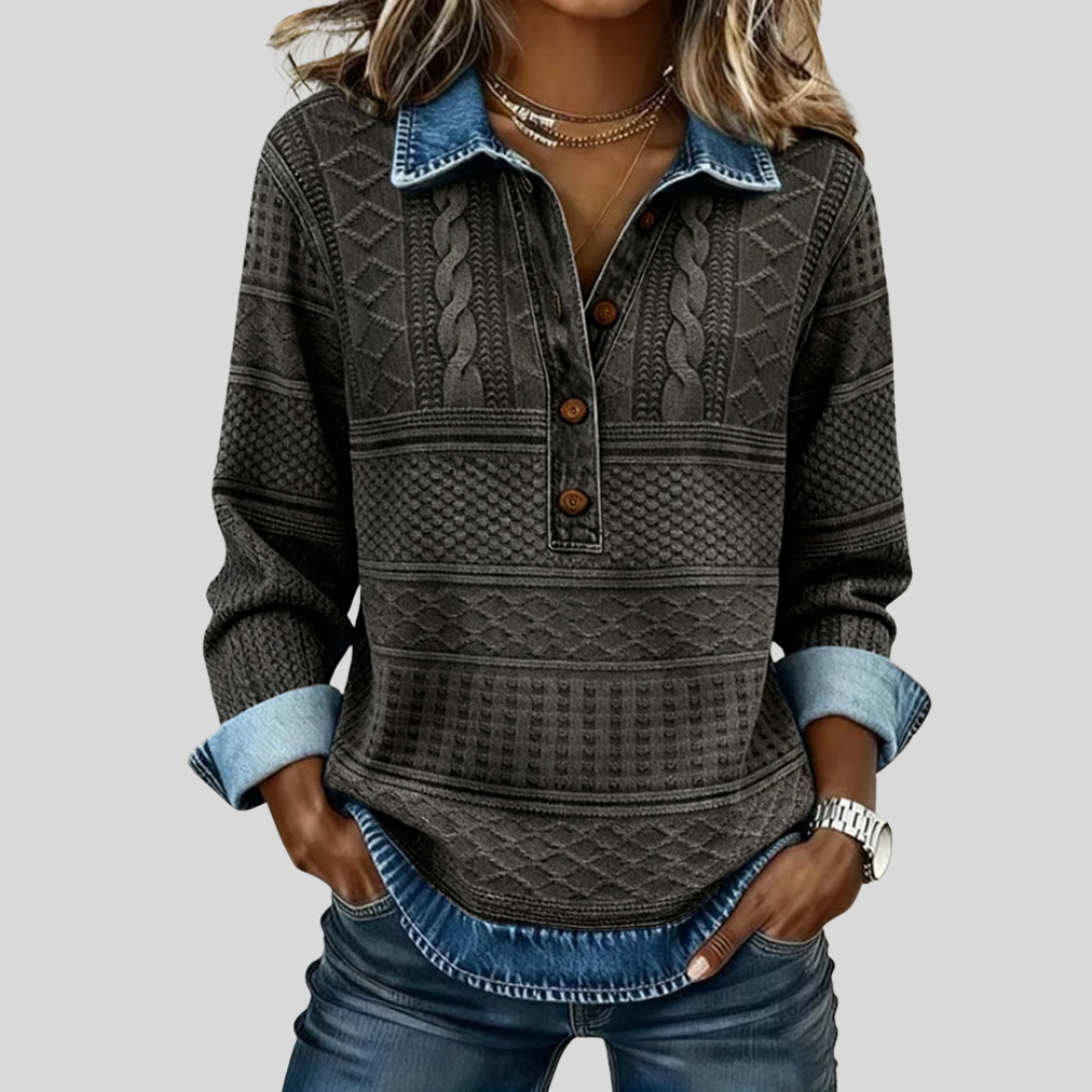 SOFIA – Sweat en Maille Tressée avec Détails en Denim