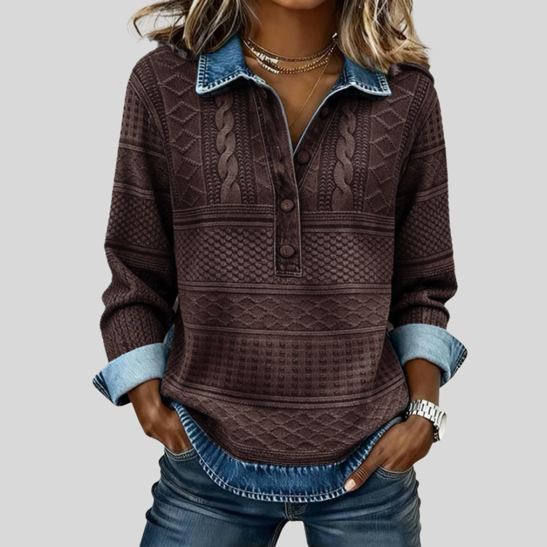 SOFIA – Sweat en Maille Tressée avec Détails en Denim