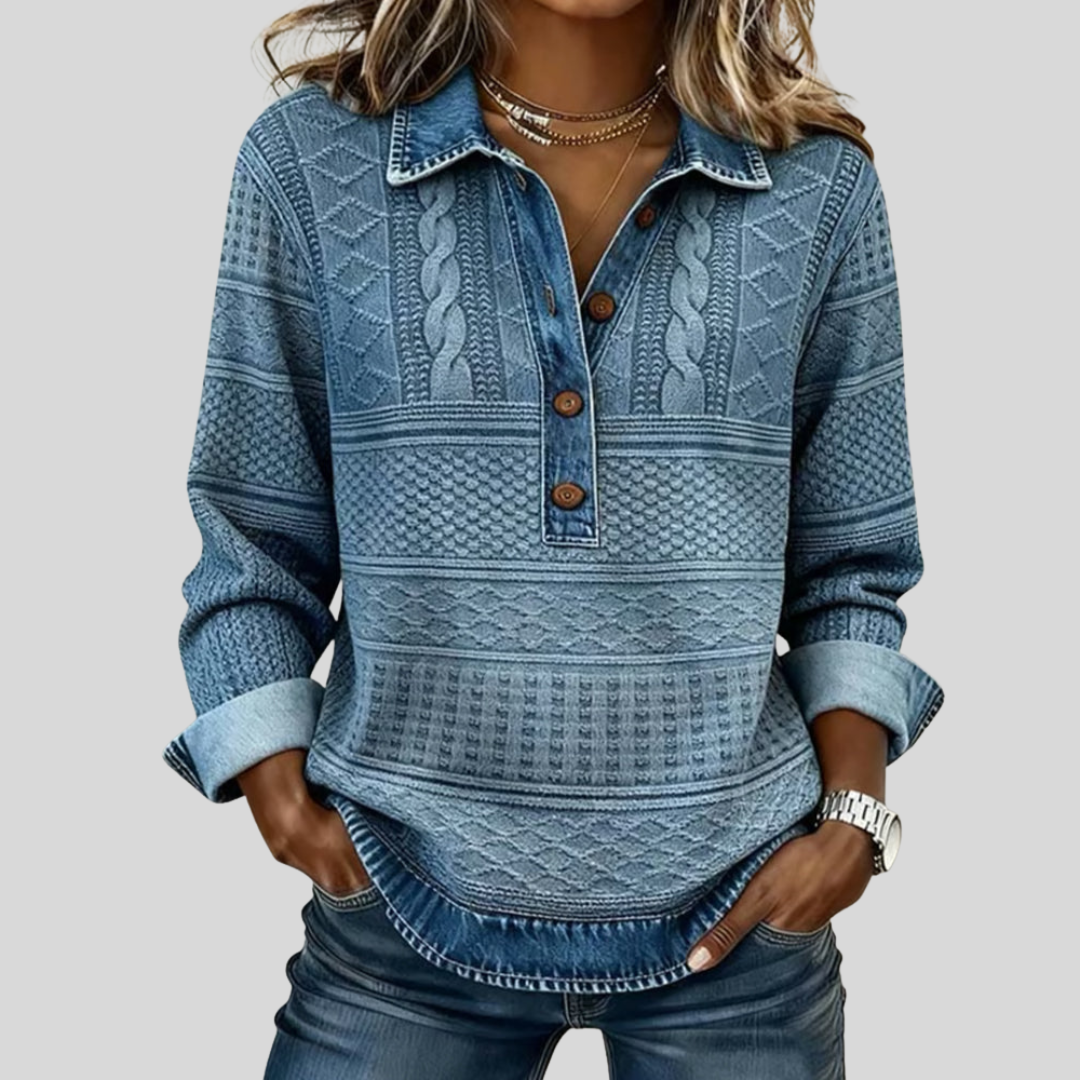 SOFIA – Sweat en Maille Tressée avec Détails en Denim