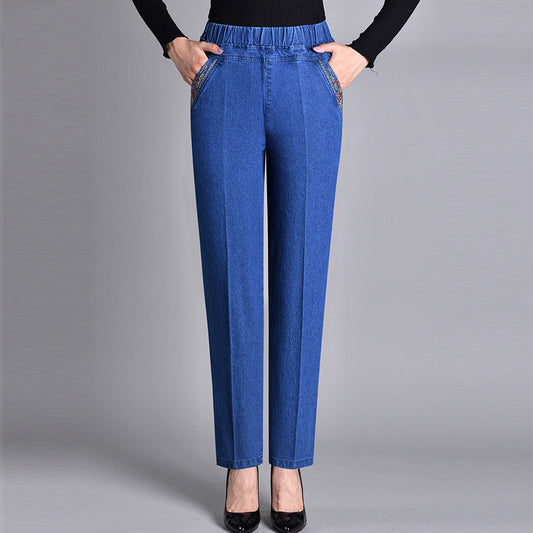 Jeans femme à taille élastique complète avec poche latérale