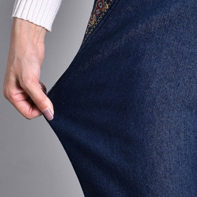 Jeans femme à taille élastique complète avec poche latérale