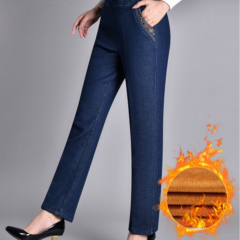 Jeans femme à taille élastique complète avec poche latérale