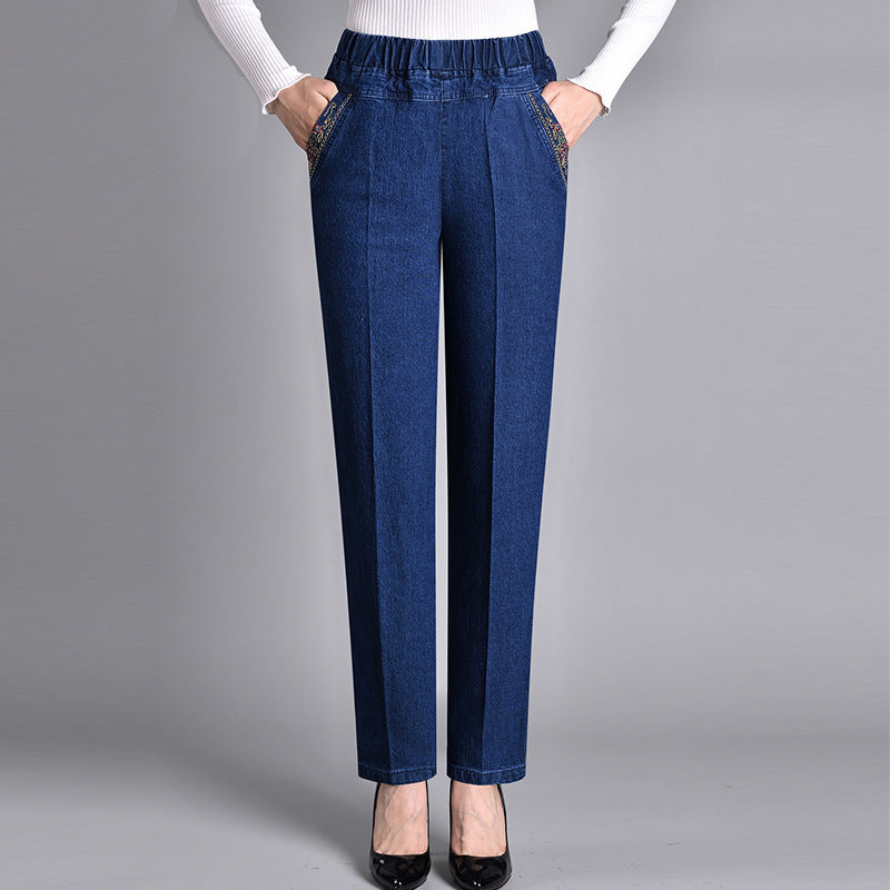 Jeans femme à taille élastique complète avec poche latérale