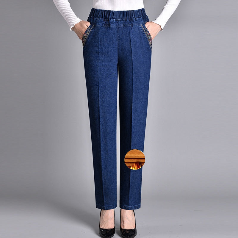 Jeans femme à taille élastique complète avec poche latérale