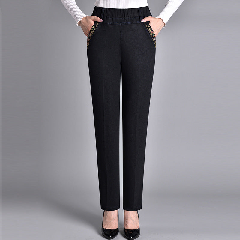 Jeans femme à taille élastique complète avec poche latérale