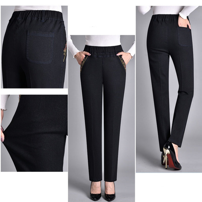 Jeans femme à taille élastique complète avec poche latérale