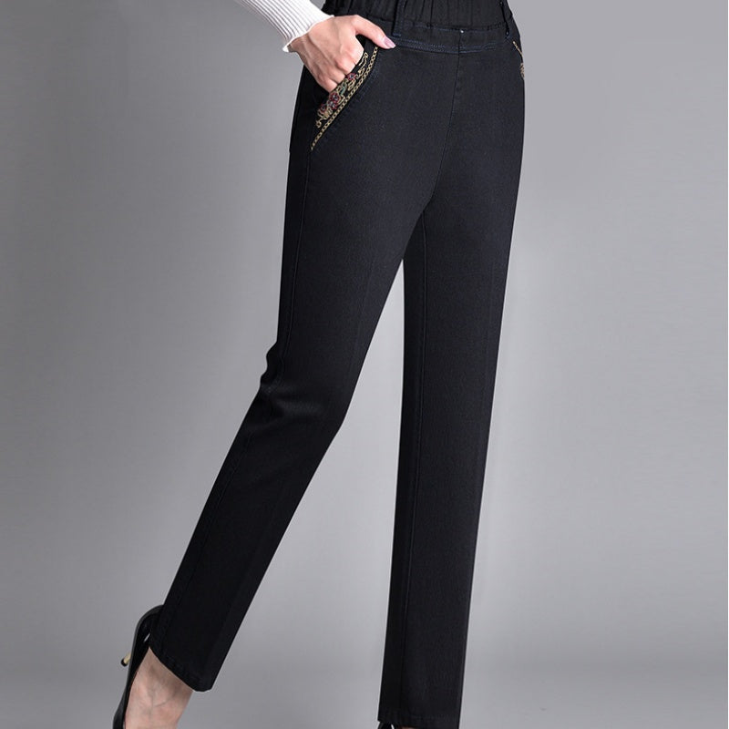 Jeans femme à taille élastique complète avec poche latérale