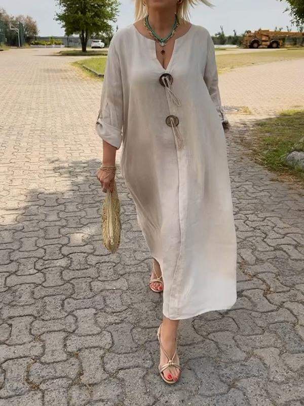 Abito casual a scollo a V in cotone e lino