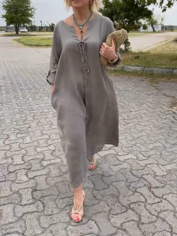 Abito casual a scollo a V in cotone e lino