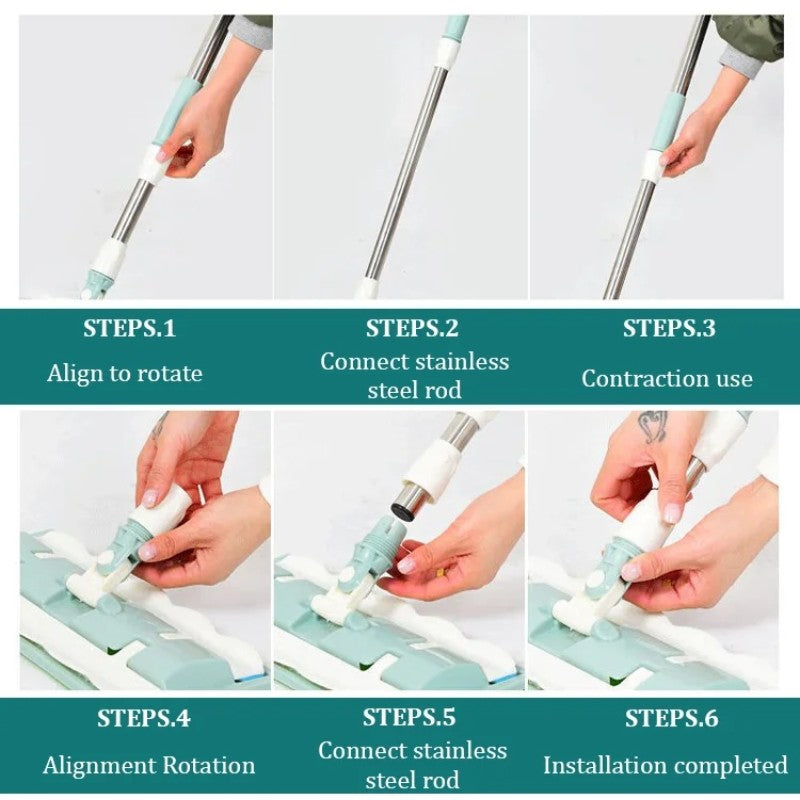Mocio Piatto avec Manche en Acier Inoxydable, Équipé de Chiffons Lavables et Réutilisables