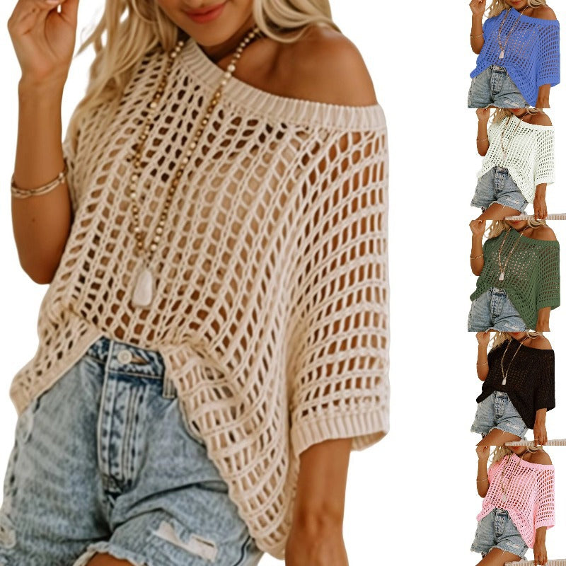Top en crochet décontracté ajouré à manches 3/4