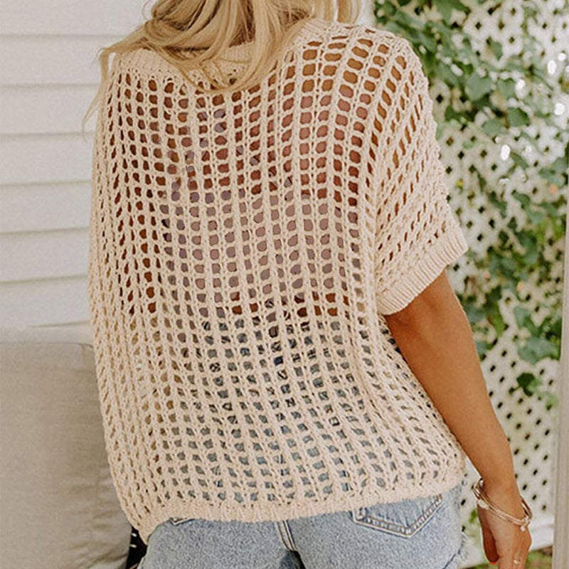 Top en crochet décontracté ajouré à manches 3/4