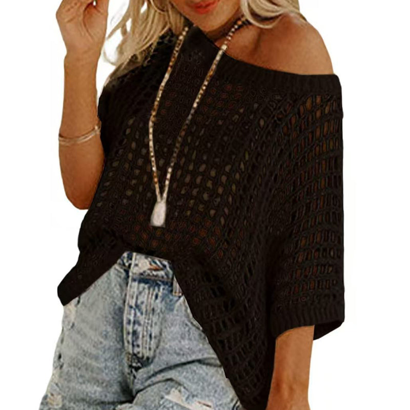 Top en crochet décontracté ajouré à manches 3/4