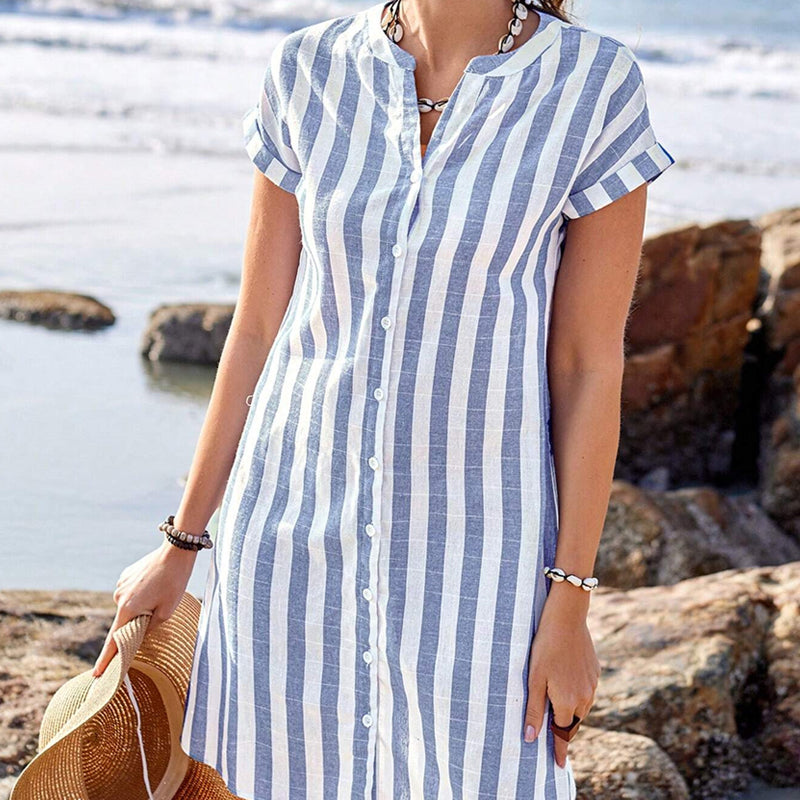 Vestito Da Donna A Camicia A Righe Con Bottoni