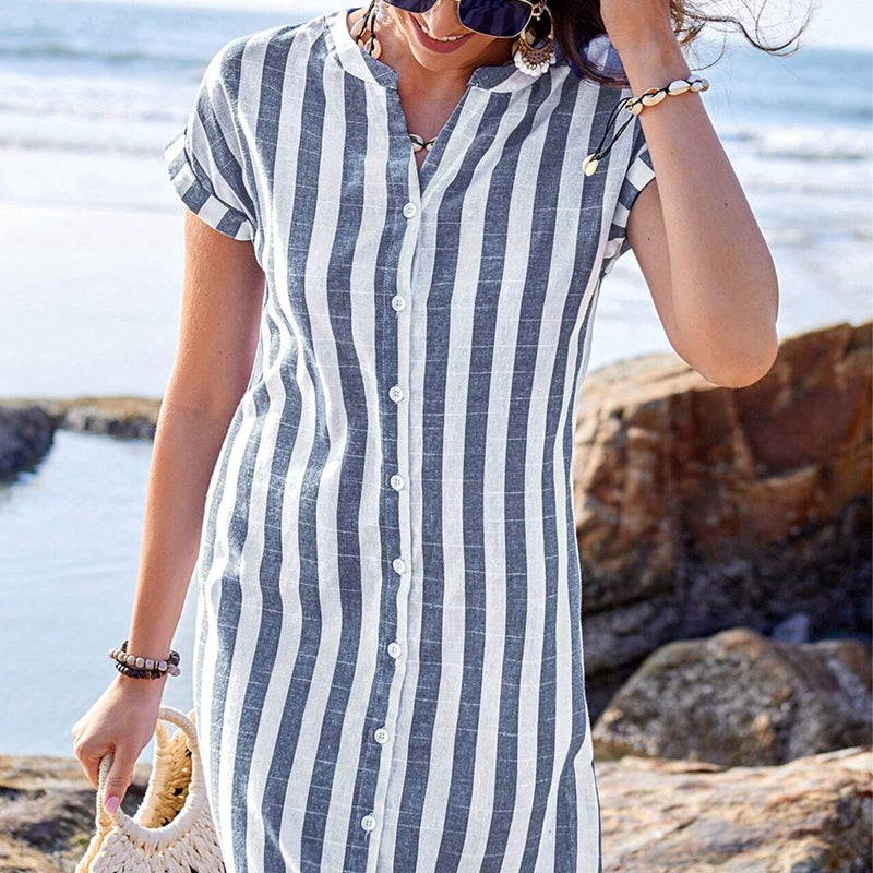 Vestito Da Donna A Camicia A Righe Con Bottoni