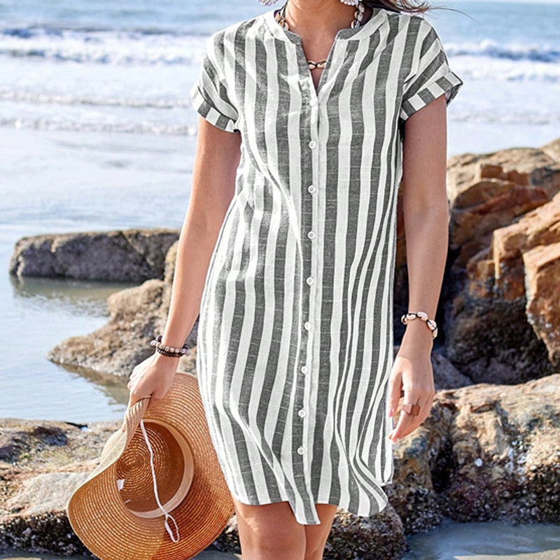 Vestito Da Donna A Camicia A Righe Con Bottoni