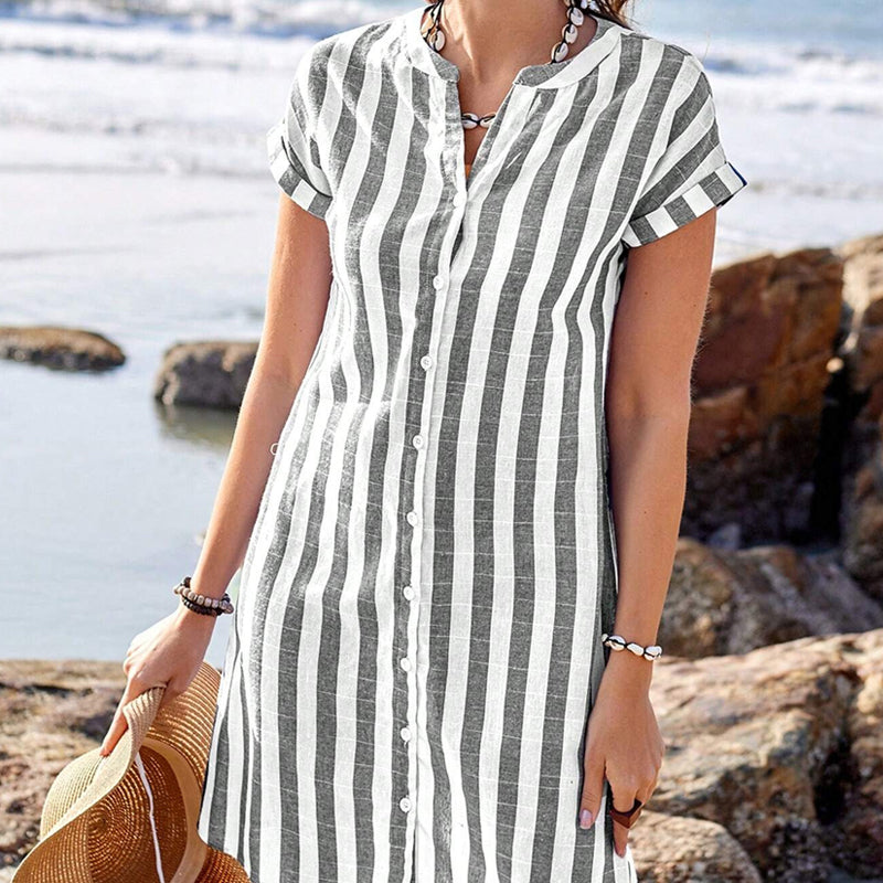 Vestito Da Donna A Camicia A Righe Con Bottoni