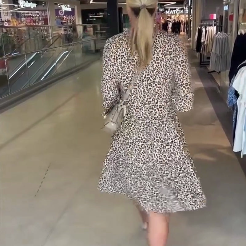 Robe Femme à la Mode avec Imprimé Léopard, Col en V et Coupe Large
